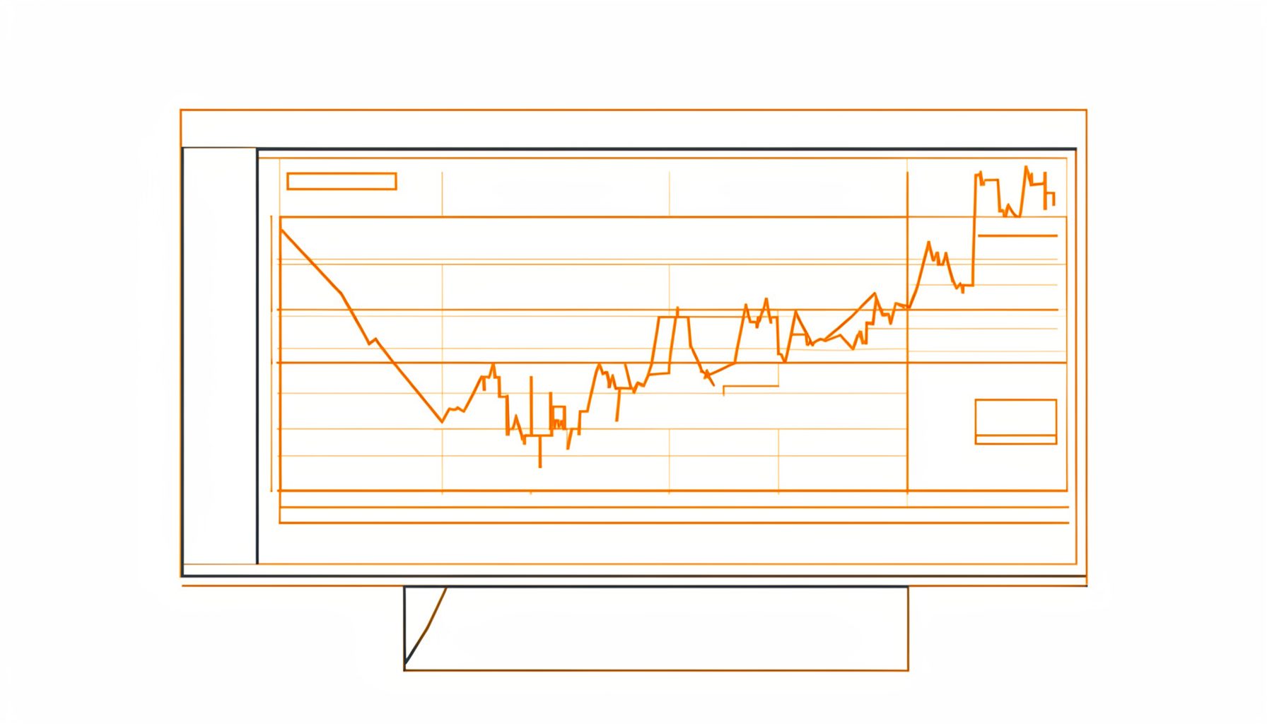 Minimal line drawing of a stock market ticker board, dark charcoal and amber
