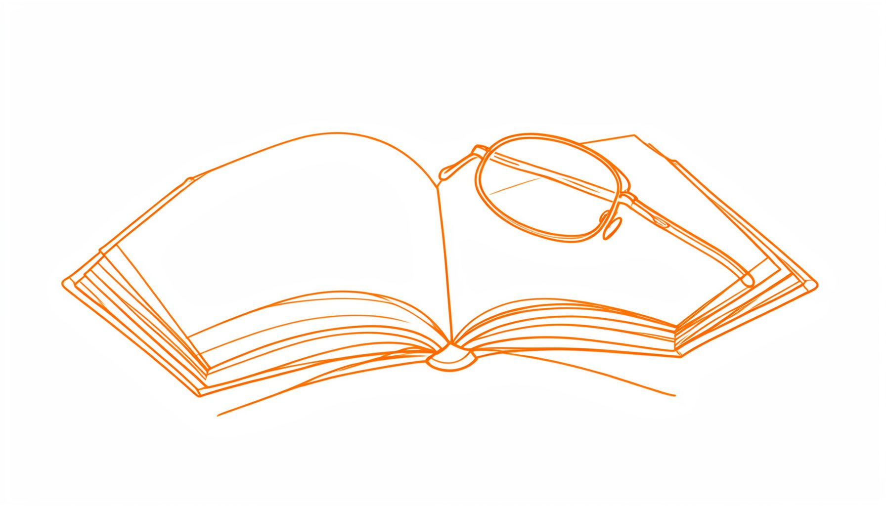 Simple line drawing of an open book and reading glasses on a desk, warm amber light, clean neutral background