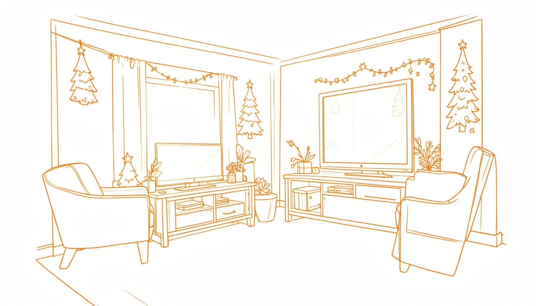 A simple line drawing of a cozy living room with a television screen glowing softly, holiday decorations visible