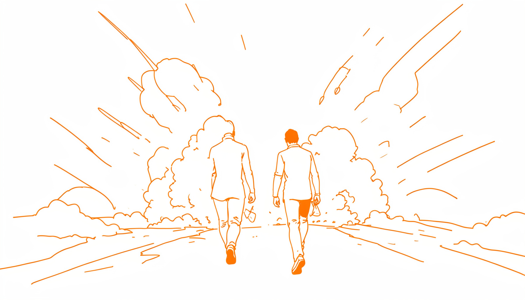 A simple line drawing of two silhouetted figures walking away from an explosion, evoking action cinema