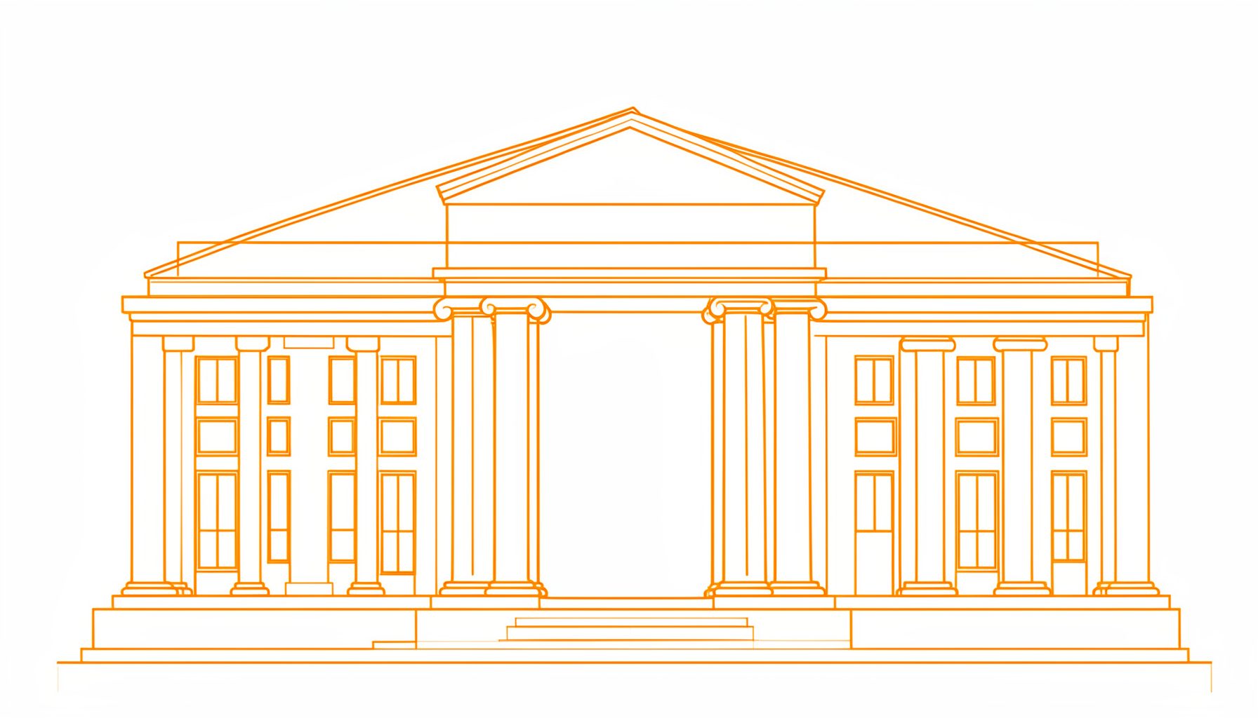 Simple line drawing of a government building facade with columns, clean and formal