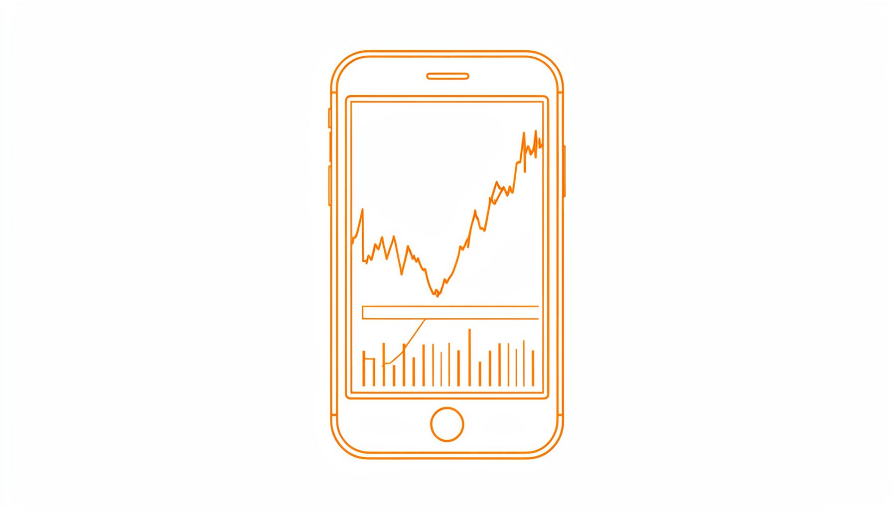 Simple line drawing of a smartphone displaying stock charts and financial graphs