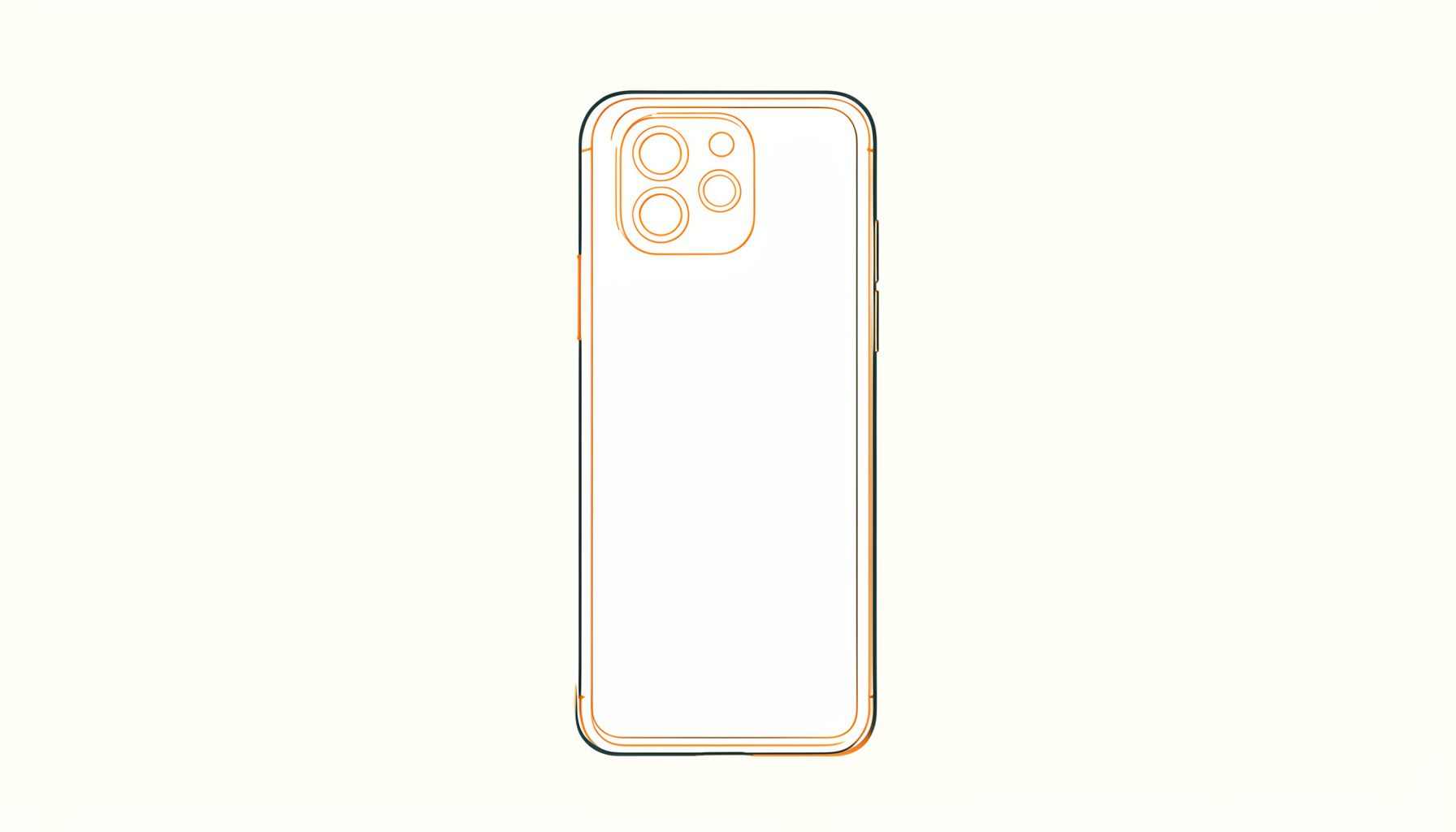 Minimal line drawing of an iPhone 14 Pro Max in profile, showing the triple-camera bump and flat-edge frame, rendered in dark charcoal against a warm off-white background